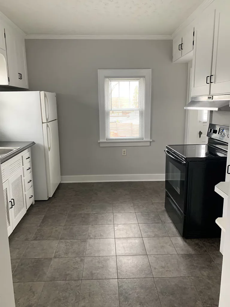 Turoff house, kitchen area with fresh paint and flooring